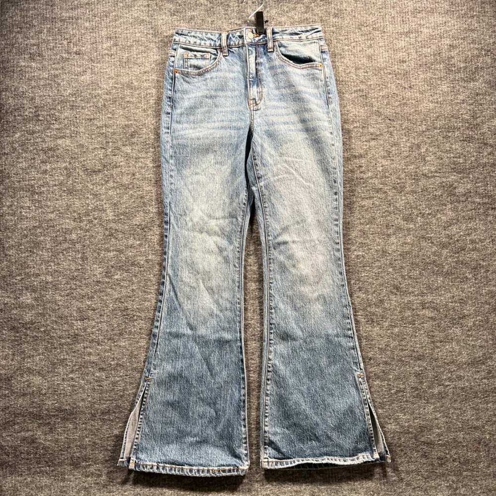 Willow + Root The Flared Out Jeans Light Wash Blue Distressed Side Slit Size 26